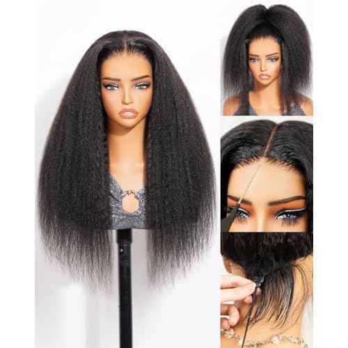 Arabella Yaki Half Wig 100% Human Hair Updated Half Wigs Yaki Straight Human Hair Glueless Wig Draw String Wigs Pre Plucked Cut Bleached Knots 6x6x2 3D Lace 3 in 1 Wig for Women 200% Density 16 Inch