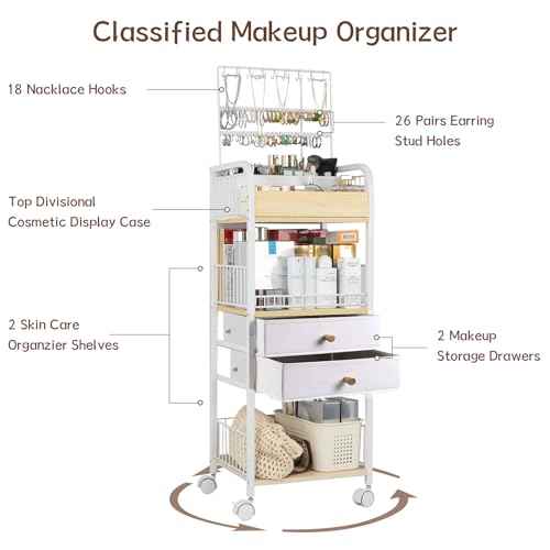 YGJT Makeup Organizer, Floor Skincare Cosmetics Organizer with Drawers, Jewelry Organizers and Storage for Earring Necklace, Vanity Organizer for Skin Care Perfume Makeup Brush Nail Polish Hair Tool