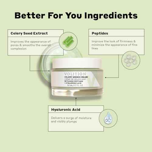 Volition Beauty Celery Green Cream with Peptides + Hyaluronic Acid | Oil-Free Facial Moisturizer for Normal to Combination Skin | Minimizes Pores, Improves Firmness & Reduces Wrinkles (1.7 fl oz)