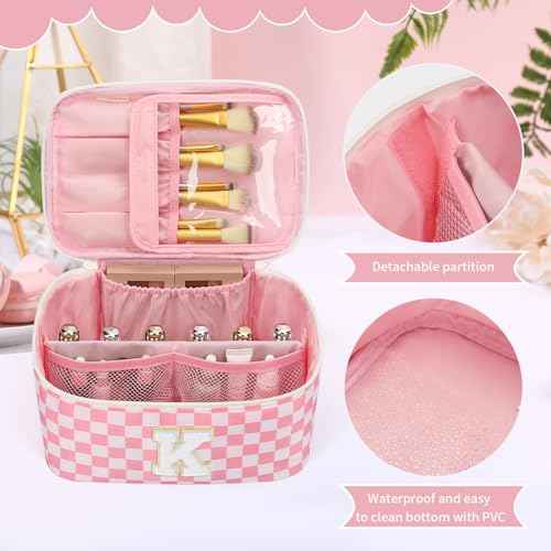 OCHEAL Makeup Bag for Women, Monogram Cosmetic Bag with Brush Holder, Pink Travel Makeup Case Beauty Toiletry Bag Organizer Personalized Gifts for Girls Bridesmaid, Sister, Wife, Friends Initial K