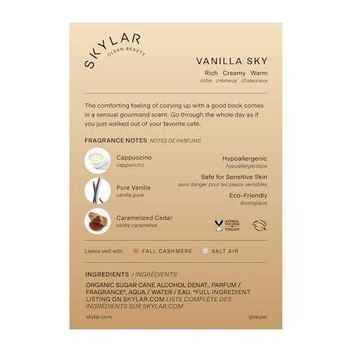 Skylar Vanilla Sky Eau de Parfum -Hypoallergenic & Clean Perfume for Women & Men, Vegan & Safe for Sensitive Skin- Notes of Cappuccino, Vanilla & Caramelized Cedar - 50mL /1.7 Fl oz