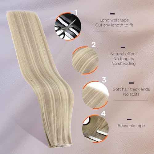 Full Shine Tape in Weft Hair Extensions Human Hair Color 18 Ash Blonde Highlight 613 Blonde Genius Weft Tape in Extensions Long Tape Weft for Daily Office Look Lightweight 18Inch 50G One Piece