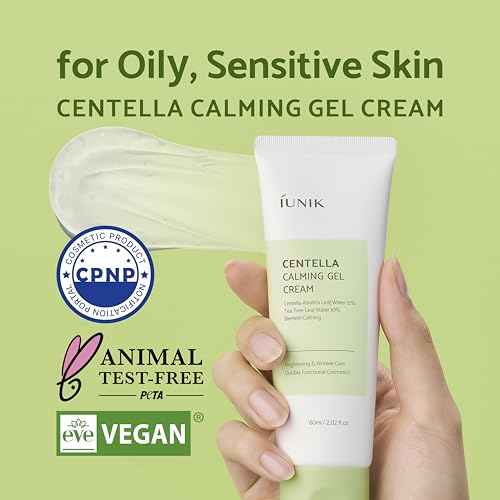 IUNIK Centella 70% Calming Gel Cream Vegan Non-Sticky Moisturizing Blemish Care w/Centella Asiatica Tea Tree 10% Soothes Acne Rosacea Oily & Sensitive Skin Korean Skincare BOGO 1+1