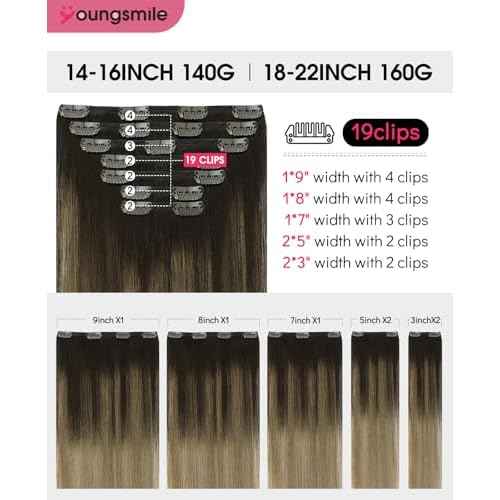 Youngsmile Human Hair Extensions Clip in Balayage Darkest Brown to Medium Brown Mixed Ash Brown Clip in Hair Extensions For Women Easy To Install Full Head 16inch 7Pcs 140g (7C#2/6/18-16Inch)