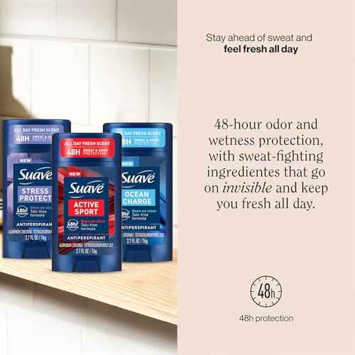 Suave Antiperspirant Deodorant for Men Variety 3-Pack ? Invisible Solid Active Sport, Ocean Charge & Stress Protect Antiperspirant Sticks, 48H Sweat & Odor Protection, 2.7 Oz Ea