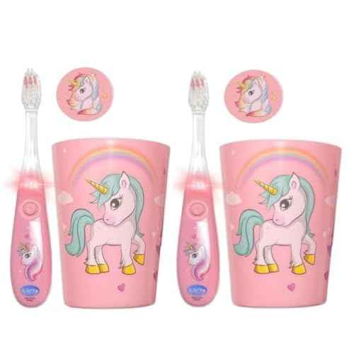 Lily's Home Kids Flashing Timer Toothbrush with Soft Bristles, Rising Cup & Cover - Fun 2-Min Light-Up Brushing for Children - Toddler Toothbrush Kit (Unicorn) - Set of 2