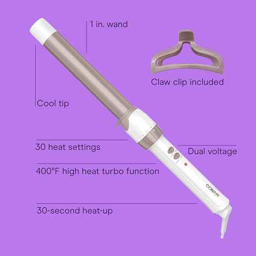 Conair Double Ceramic 1-Inch Curling Wand with Claw Clip, Produces Flawless Waves, Curling Iron for Use on Medium and Long Hair, 30 Heat Setting Curling Iron, White