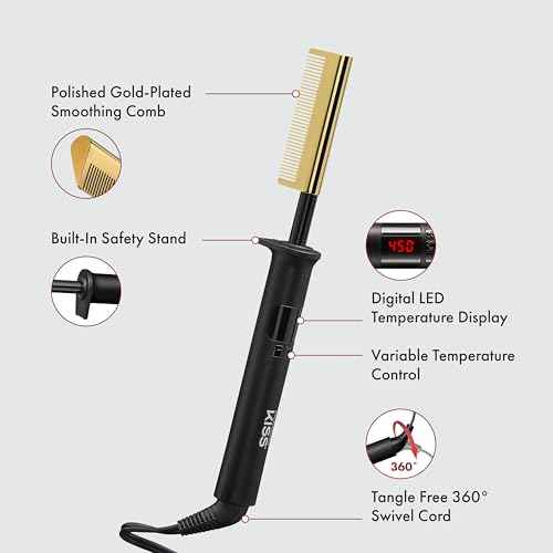 KISS Professional Pressing Comb with Polished Gold Smoothing Comb, Safety Stand, Digital LED Temperature Display, & Tangle Free 360¡Æ Swivel Cord