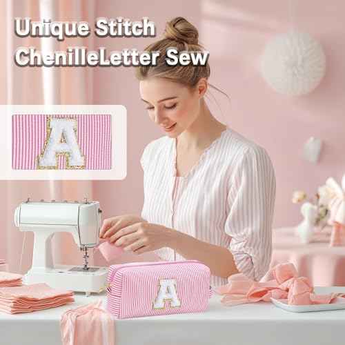 Personalized Monogram Makeup Bag, 3PCS Custom Monogrammed Toiletry Cosmetic Bag for 6-18 Teen Girls Women,Birthday Graduation Gifts Initial Pouch Makeup Bags for Women Girls, Make Up Bag (A, Pink)