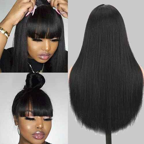 Straight Human Hair Wigs with Bangs 2x4 Lace Closure Wigs Human Hair 180% Density Drawstring Glueless Wigs Human Hair for Women Lace Front Wigs Human Hair Natural Black 20inch.