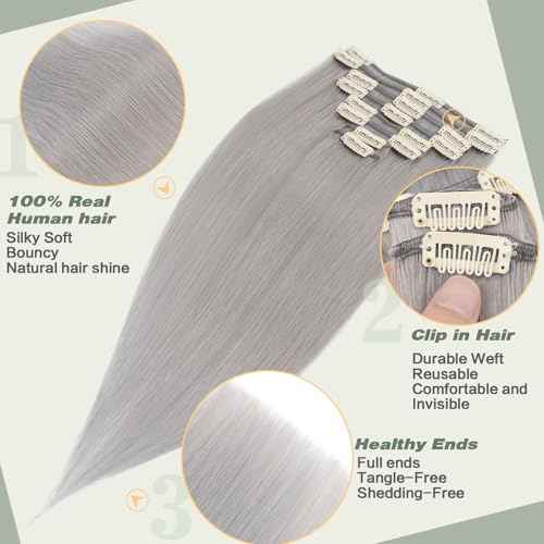 Clip in Hair Extensions Human Hair S-noilite Gray Human Hair Short Hair Clip in Extensions Full Head 8 Pieces/18 Clips 100% Real Human Hair Silky Straight 16"-90g Light Gray (#G1)