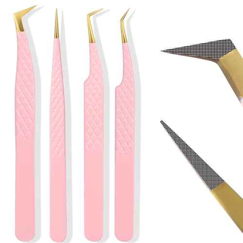 Fiber Tip Lash Tweezers For Eyelash Extension 4 Pcs Tweezers Professional Artist Tech Work Kit Tools,Best Volume Eyelash Lashes Extensions Precision Supplies Volume Boot 90 45 Degree(Pink)