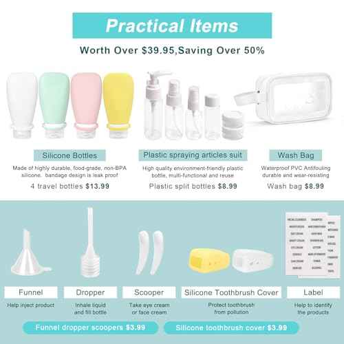 18 Pcs Travel Bottles Set for Toiletries, TSA Approved Travel Size Containers with Bandage Silicone Squeezable for Shampoo Conditioner Lotion Body Wash (Multicolour+White Bag)
