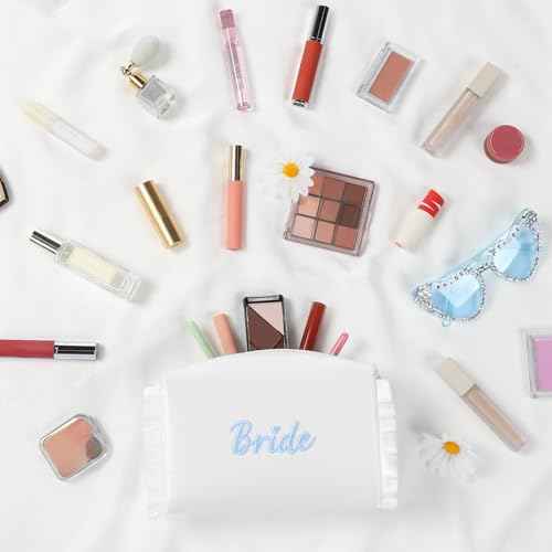 Etercycle Bride Cosmetic Bag, White Satin Bride To Be Makeup Bags Exquisite Embroidery Something Blue Bridal Shower Gifts, Ruffle Toiletry Bag For Engagement Wedding Bridesmaid Bachelorette Party