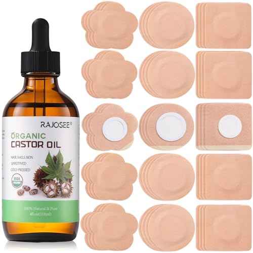 Castor Oil Belly Button Patch Set ? 60pcs Castor Oil Patches in 3 Shapes with 4oz Organic Cold-Pressed Castor Oil Glass Bottle ? Disposable, Leakproof, Skin-Friendly Castor Oil Pack Wrap