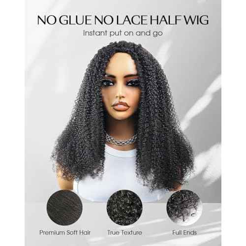 Kinky Curly Half Wig Human Hair 200% Density Wear and Go Glueless Wigs Human Hair Half Wigs with Drawstring 3 In 1 Flip Over Headband Wig for Women Beginner Friendly 16 inch