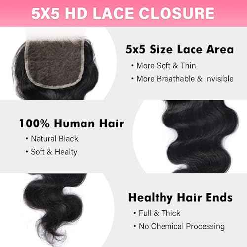 WOWANGEL 5x5 0.095mm Ultra-Thin Skinlike Real HD Lace Frontal & Closure,Body Wave Natural Hairstyles,Pre-Plucked Invisible Hairline,Unprocessed Virgin Human Hair,Invisible Knots HD Lace,14inch