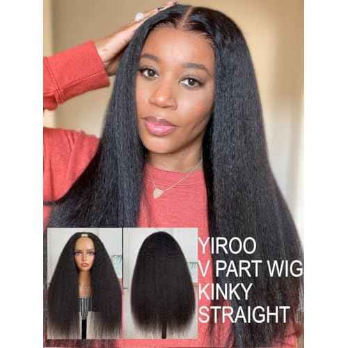 YIROO Hair V Part Wig Human Hair Kinky Straight Wig No Leave Out Upgraded U Part Wigs for Women 12A Yaki Straight Glueless Wear And Go V Shape Clip in Wigs Beginner Friendly 150% Density 22 Inch