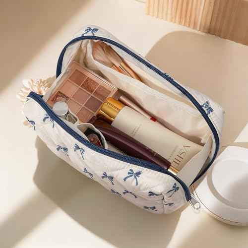 TOPEAST Christmas Gifts for Women Girls - 3Pcs Travel Makeup Bag Large Cute Quilted Make Up Bag for Purse, Portable Big Cosmetic Brush Pouch, Blue Bow