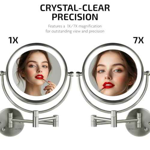OVENTE Wall Mounted Lighted Makeup Vanity Mirror, 9" Hard Wired Double Sided 1X/7X Magnifying Bathroom Mirror, Dimmable LED Lights, 360¡Æ Rotation and 14" Extendable Arm, Nickel Brushed MPWD3185BR1X7X