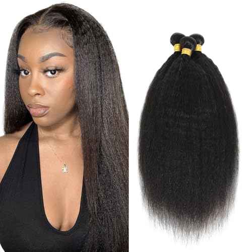 14 16 18 Inch Yaki Straight Bundles Human Hair Bundles #1B Nature Black Kink Straight Bundle Unprocessed Brazilian Virgin Weave Hair 3 Bundle 50 Gram Per Bundle for Woman