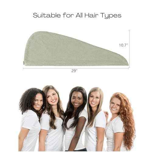 Extra Large 4 Pack Microfiber Hair Towel Wrap for Women Super Absorbent & Quick Dry Hair Drying Towels with Button, Hair Turbans for Curly Hair Long & Short Hair - Anti-Frizz (green pinstripe)