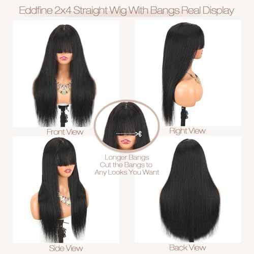Straight Human Hair Wigs with Bangs 2x4 Lace Closure Wigs Human Hair 180% Density Drawstring Glueless Wigs Human Hair for Women Lace Front Wigs Human Hair Natural Black 20inch.