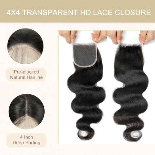 4x4 Transparent HD Lace Closure Human Hair Closure Invisible Lace Human Hair Frontal Closure Human Hair Extensions Pre Plucked Natural Black (16Inch,Body Wave)