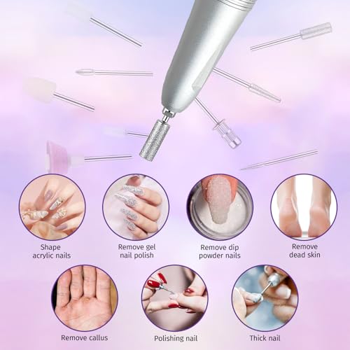 Professional Nail Drill Electric 35000RPM Pink Nail File for Acrylic Gel Nails Polish Removing Portable Cordless Rechargeable Nail Drill Kit with Base for Home Salon Manicure Pedicure
