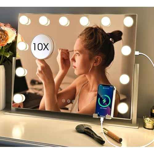Hollywood Makeup Mirror with Lights,22" X 17" Lighted Vanity Mirror with 3 Light Modes, Detachable 10X Zoom Magnifying Mirror, 360 Rotatable, Metal Frame,Touch Control,AC-Powered, Gifts, White