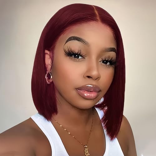 99J Burgundy Bob Wig Human Hair 4x4 HD Lace Front Human Hair Pre Plucked Pre Cut 180% Density Short Bob Glueless Straight Wigs for Black Women 16 Inch