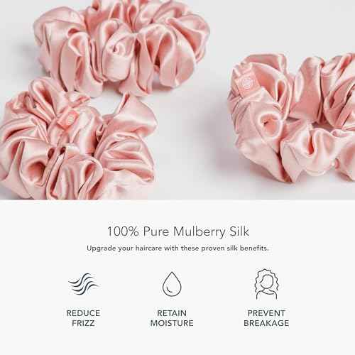 Fishers Finery Large Silk Scrunchies, 25 Momme Pure Mulberry Silk - Hair Tie Set, Anti-Frizz and Damage (Pink 3 PK)