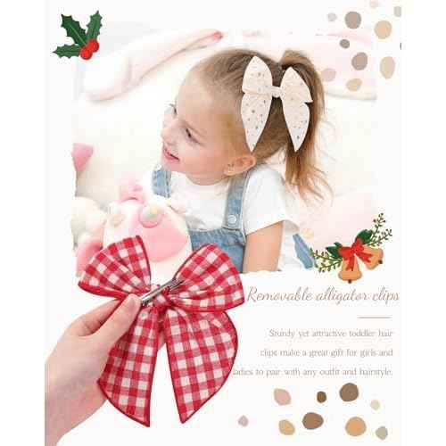 doboi 8PCS 5.5" Christmas Baby Girls Hair Clips Fable Hair Bows Cotton Linen Bows for Girls Gingham Hair Accessories for Baby Toddlers Kids
