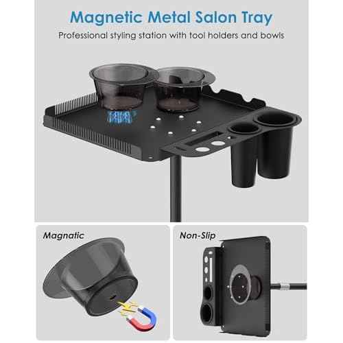 Salon Tray on Wheels,Metal Tray Rolling Cart with 2 Magnetic Bowls,Tattoo Tray, Salon Station with Hairstylist Holder and Hair Separator Stand,Multi-Function Adjustable with Wheels
