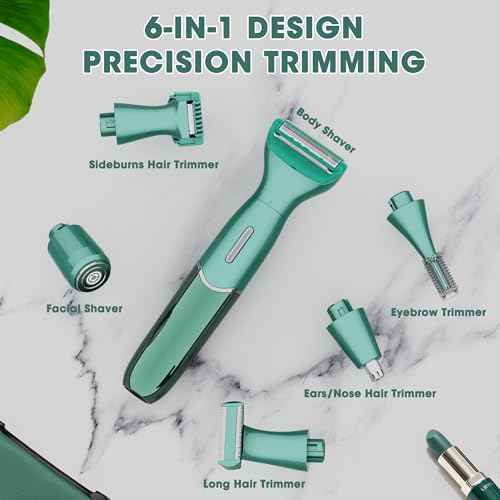 Karrte 6-in-1 Electric Razor for Women's Pubic Hair, Painless Body Shaver and Facial Epilator, Hair Removal for Face, Bikini Trimmer for Women's Private Area Green