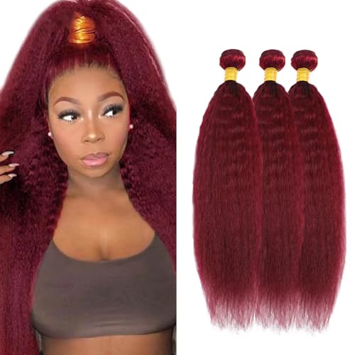 24 24 24 inch Burgundy Human Hair Bundles Red Kinky Straight Bundle 99J Human Hair Bundles Burgundy Yaki Bundle