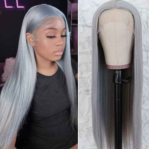 Grey Lace Front Wig 13x6 Silver Grey Wig Human Hair Pre Plucked Straight Lace Front Wigs Human Hair 24 Inch Glueless HD Lace Wig Colored