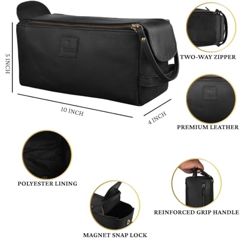 Genuine Leather Travel Toiletry Bag for Men & Women ? Unisex Water-Resistant Travel Dopp Kit, Shaving Organizer & Compact Bathroom Essentials - Midnight Black