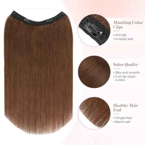 S-noilite Halo Hair Extension Invisible Wire in Real Remy Human Hair Extensions with Clips Adjustable Hidden Wire in Hair Extension for Women 18 inch Medium Brown