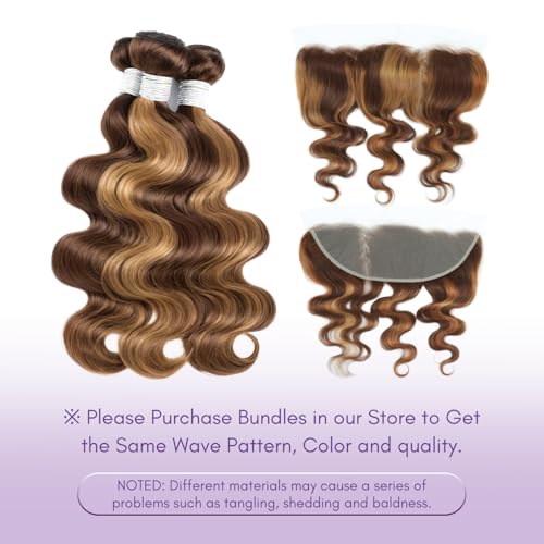 P4/27 Honey Blonde Highlight Body Wave Frontal Closure Human Hair 16 Inch, 12A 100% Virgin Ombre Brown Balayalge 13x4 Ear to Ear Transparent Lace Frontal Pre Plucked With Baby Hair Sew In Remy