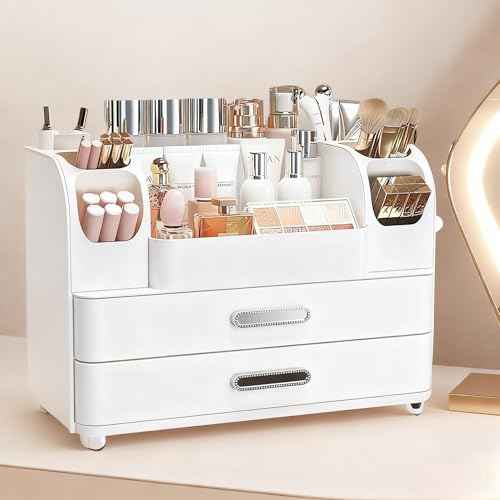 Makeup Organizer with 2 Drawers, Cosmetic Display Case, Storage Holder for Vanity, Bathroom Counter, Desk, Beauty Supplies (All White)