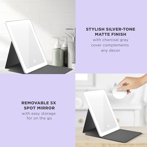 Conair Lighted Makeup Mirror, LED Vanity Mirror, 1X/5X Magnifying Mirror, Foldable with Case, Battery Operated and Rechargeable in White