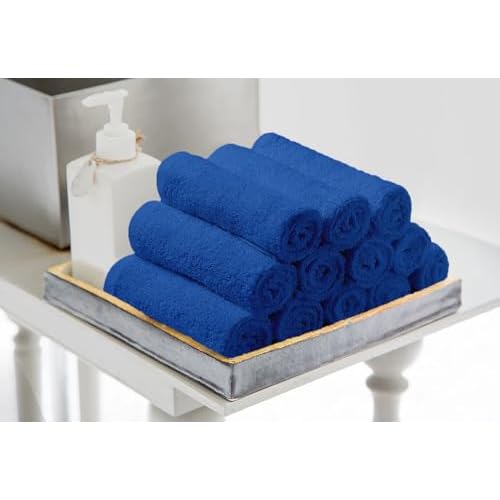 Avalon Towels Cotton Washcloths ? (Pack of 60) Size 12x12 Inches, 100% Ring Spun Cotton, Soft & Absorbent Face Towels, Gym Towels, Hotel and Spa Quality, Reusable Fingertip Towels (Blue)