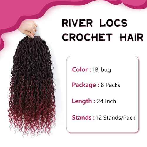 24 Inch Goddess Locs Crochet Hair 8 Packs Faux Locs Crochet Hair for Black Women 1B/Bug Pre Looped River Locs Crochet Hair with Curly Ends