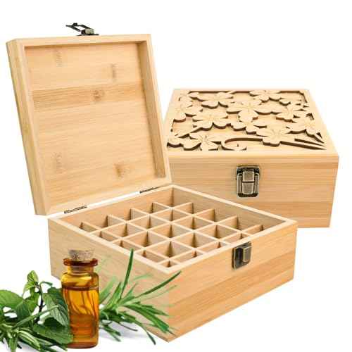 Pure Vie Bamboo Essential Oil Storage Box Travel Organizer Case with Bottle Cap Label - Aromatherapy Nail Polish Fragrance Container, Holds 25 Bottle for 5-15ml - Keep Scented Oil Safe & Space Saver