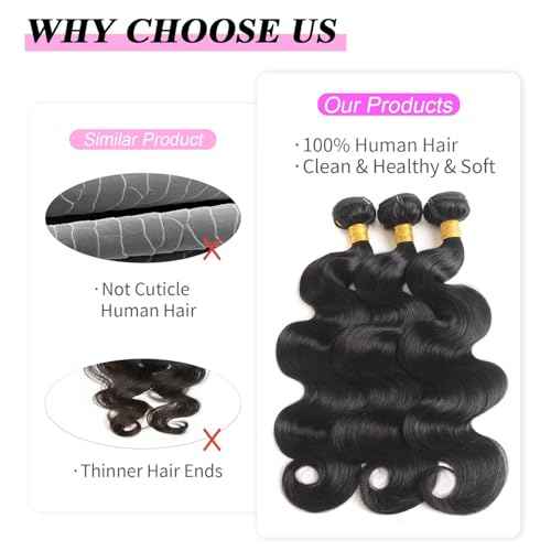 12A Human Hair Bundles 14 16 18 Inch Body Wave 3 Bundles Human Hair 100% Unprocessed Brazilian Virgin Hair Bundles Quick Weave Hair Extension Natural Black