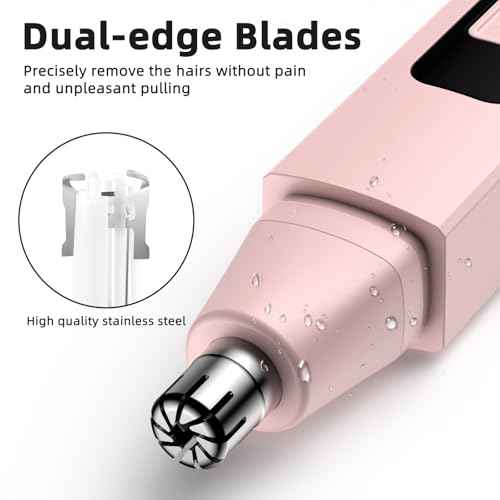 Nose Hair Trimmer Rechargeable Cordless Painless Ear Eyebrow Trimming Tool Dual Edge Blades Razor Easy Cleansing with LED Light for Man Woman (Pink)