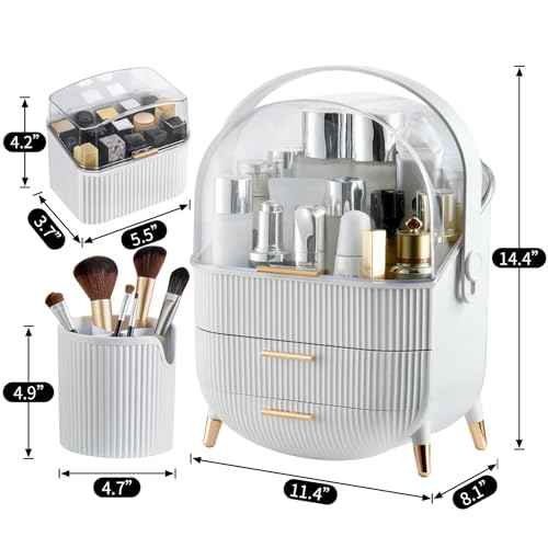 CANITORON Makeup Organizer,Skincare Organizer with 2 Drawers and Brush Storage Box,Lipstick Holder,Cosmetic Display Case for Vanity Organizer and Bathroom Countertop Storage.(White)
