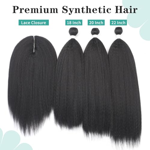 HANNE Kinky Straight Bundles with Lace Closure Yaki Long Straight Hair Bundle for Black Women Heat Resistant 3 Bundles with Closure Hair Extensions (18 20 22 Black)