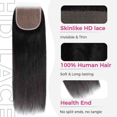 Lashey 5x5 SKINLIKE Real HD Lace Closure Straight, 0.10mm Ultra thin HD Lace Human Hair Closure Pre Bleached Knots Pre Plucked Invisible Hairline 14 Inch Natural Black